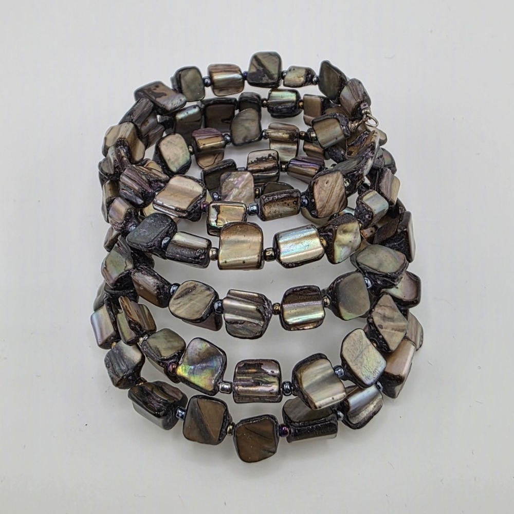 Memory Wire Beaded Bracelet Dark Gray Abalone Shell Multi Strand Vintage Jewelry